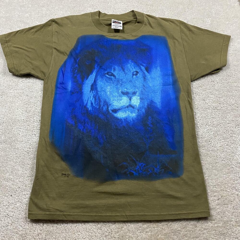 VTG Y2K Lion Shirt Mens M Green Tultex Blue Graphic Wildlife Nature Tee